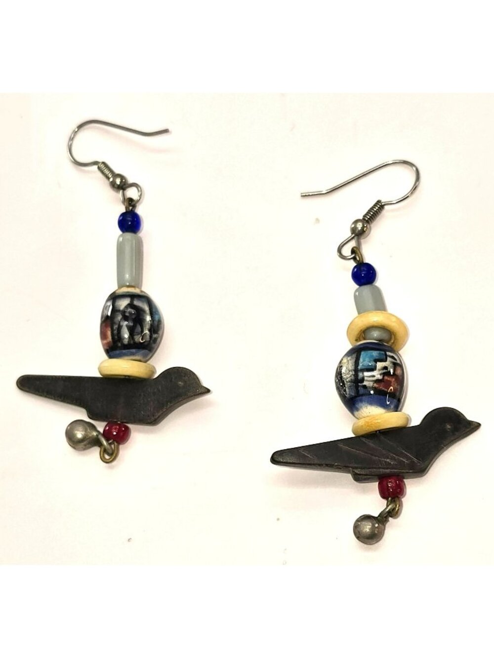 Handmade Vintage Bird Bead Earrings Multicolor Accents & Dangling Bell CM2398